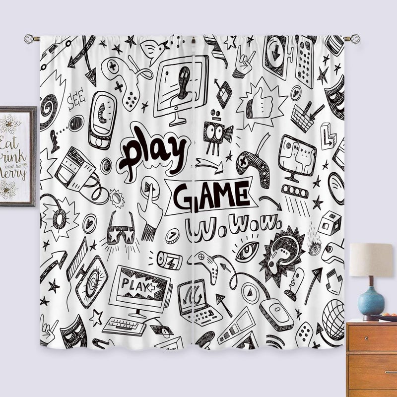 Cinbloo Black and White Curtains for Boys Bedroom 42W x 63L Inch Rod Pocket Gamer Room Decor for Boys Kids Video Games Printed Gaming Wall Art Teens Bedroom Living Room Window Drapes Fabric 2 Panels - Image 3